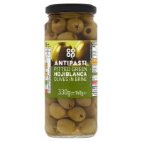 COOP GREEN OLIVES IN BRINE PITTED 330 GMS