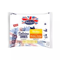 BUTCHER'S DELICIOUS CATS WITH 2 CHICKEN AND 2 CHICKEN WITH TURKEY DINNERS 4X100 GMS