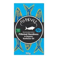 FISH 4 EVER FILLETED SARDINES IN ORGANIC SUNFLOWER OIL 90 GMS
