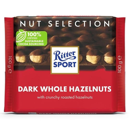 RITTER SPORT DARK CHOCOLATE WITH WHOLE HAZELNUT 100 GMS