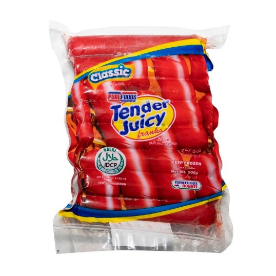 PURE FOODS TENDER JUICY HOTDOG REGULAR 500 GMS (CONTAINS PORK)
