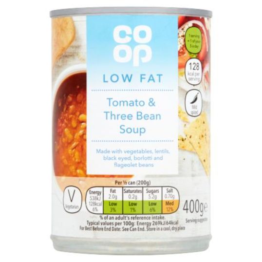 COOP LOW FAT TOMATO & THREE BEAN SOUP 400 GMS