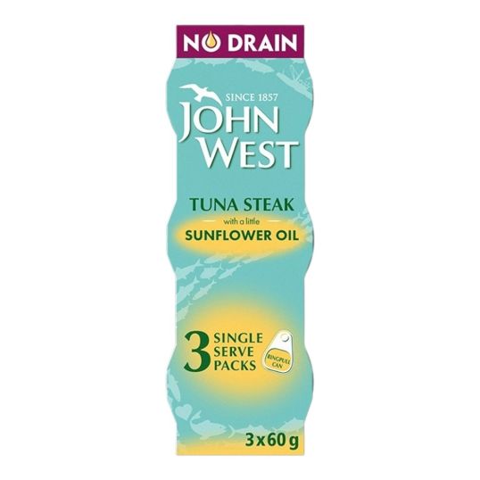 JOHN WEST TUNA STEAK WITH SUN FLOWER OIL NO DRAIN 3X60 GMS