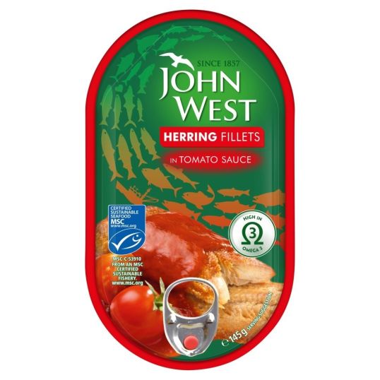 JOHN WEST HERRING FILLETS IN TOMATO 145 GMS