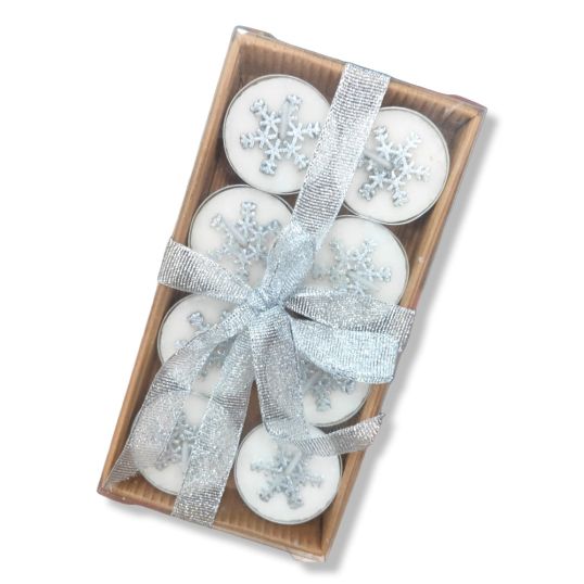 PMS GLITTER SNOWFLAKE TEA LIGHTS SILVER 8PK