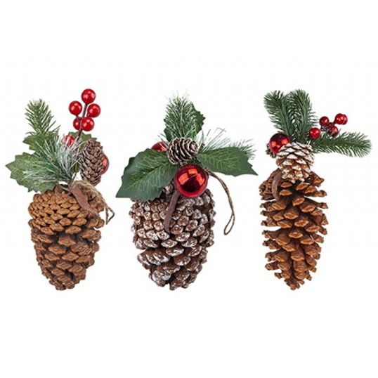 3 ASSORTED HANGING PINE CONE DECORATIONS 1'S