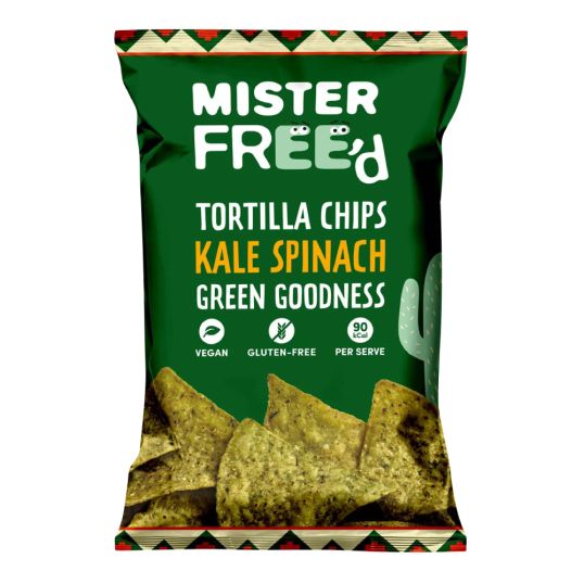 MISTER FREED TORTILLA CHIPS WITH KALE SPINACH GREEN GOODNESS GLUTEN FREE 135 GMS