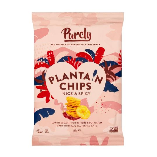 PURELY PLANTAIN CHIPS NICE AND SPICY GLUTEN FREE 75 GMS