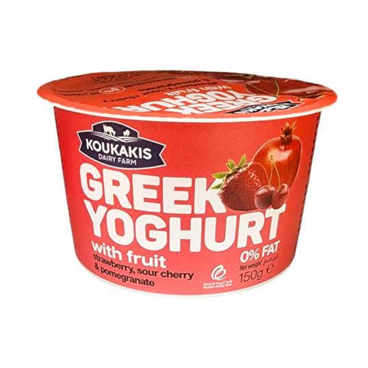 KOUKAKIS GREEK YOGHURT 0% FAT WITH STRAWBERRY CHERRY & POMEGRANATE FRUITS SWEETENERS 150 GMS