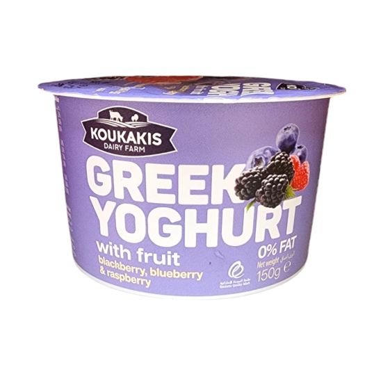 KOUKAKIS GREEK YOGHURT 0% FAT WITH BLACKBERRY RASPBERRY & BLUEBERRY FRUITS SWEETENERS 150 GMS