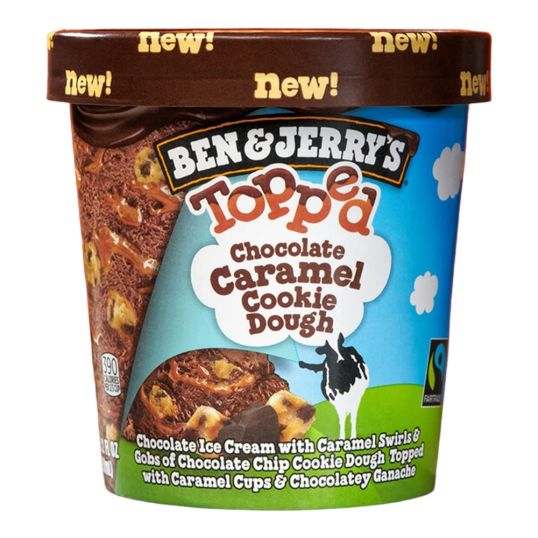 BEN & JERRYS ICE CREAM TOPPED CHOCO CARMEL COOKIE DOUGH PINT