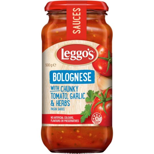 LEGGO'S BOLOGNESE PASTA SAUCE WITH CHUNKY TOMATO,GARLIC & HERBS 500 GMS