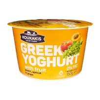 KOUKAKIS GREEK YOGHURT 0% FAT WITH PEACH APRICOT & GRAPE FRUITS SWEETENERS 150 GMS