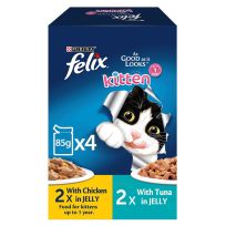 FELIX CAT FOOD UP TO 1 YEAR 2 CHICKEN + 2 TUNA IN JELLY 4X85 GMS